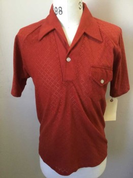 N/L, Paprika Red, Polyester, Solid, Diamonds, 1 Button, 1 Flap Pocket, Raglan Short Sleeves, Perforated Design