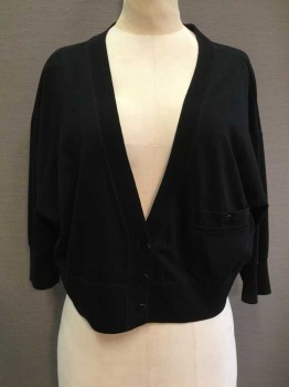 FORENZA, Black, Polyester, Cotton, Solid, Cardigan, Jersey Knit, 3 Buttons, Small Welt Pocket, Batwing Sleeves, Crop, V-neck