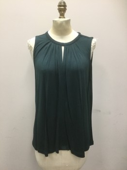 Womens, Shell, H & M, Forest Green, Viscose, Solid, M, Jersey, Crew Neck with Keyhole Slit at Center Front, Neckine Pleated at Front Neck