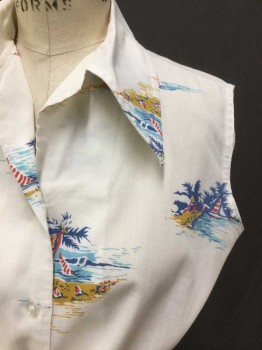 Womens, Shirt, PERM PRESS, White, Blue, Aqua Blue, Red, Mustard Yellow, Poly/Cotton, Hawaiian Print, B 34, Hawaiian Shirt. White with Palm Tree on Island Print. Sleeveless, Button Front, Wide Collar Attached, Cropped with Self Tie at Front