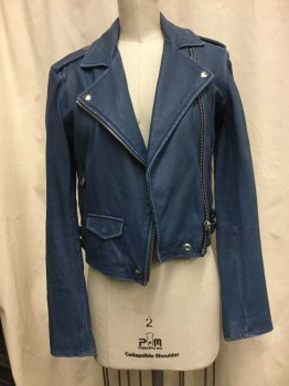 IRO, Dusty Blue, Leather, Solid, Blue, Zip Front, Notched Lapel, Zip Pockets, Epaulets
