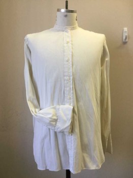 LONGWEAR, Off White, Cotton, Solid, Narrow Collar Band, Button Front, Long Sleeves, French Cuffs. Some Light Pink Stains at Right Shoulder and Right Collar Front. Holes at Left Elbow