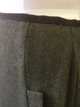 N/L, Olive Green, Brown, Blue, Wool, Speckled, Olive and Brown Weave with Blue Specks, 2 Faux (Non Functional) Welt Pockets at Hips, 1/2" Wide Brown Grosgrain Waistband, Hook & Eye Closures at Side, Floor Length Hem, Made To Order