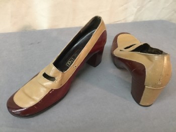 Womens, Shoes, DEL ARTE, Tan Brown, Red Burgundy, Faux Leather, Color Blocking, 7.5, Medium Covered Chunk Heel, Tan Matte and Burgundy Patent, Loafer Look with Peek a Boo Detail