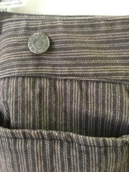 WAH MAKER, Dk Gray, Brown, Cotton, Stripes - Vertical , Stripes - Pin, Twill, Dark Gray with Brown Pinstripes of Varied Widths, Button Fly, Metal Suspender Buttons with "WAH MAKER" Logo at Outside Waistband, 4 Pockets (Including 1 Watch Pocket and 1 Welt Pocket in Back), Made To Order Reproduction "Old West" Style