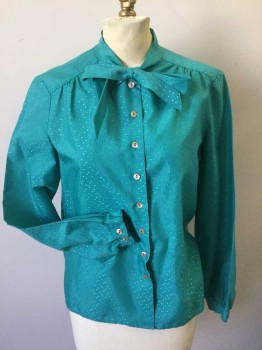 PIERRE CARDIN CHEMIS, Teal Green, Polyester, Cotton, Geometric, Woven Rectangles, Long Sleeves, Gathers at Shoulders, Button Front, Ties at Neck