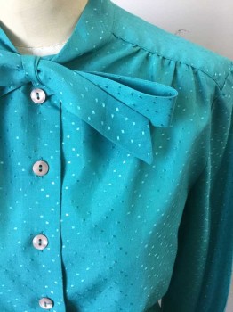PIERRE CARDIN CHEMIS, Teal Green, Polyester, Cotton, Geometric, Woven Rectangles, Long Sleeves, Gathers at Shoulders, Button Front, Ties at Neck