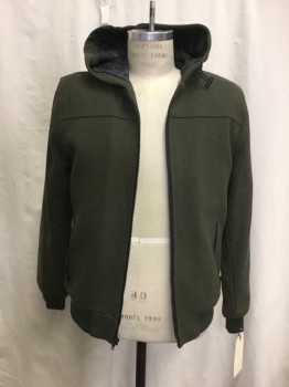 Mens, Casual Jacket, AMERICAN RAG, Olive Green, Wool, Polyester, Solid, M, Olive Green, Zip Front, Zip Pockets, Hood