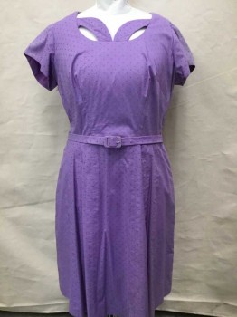 CRYSTAL THOMPSON, Lavender Purple, Cotton, Dotted Swiss, Short Sleeve,  Scoop Neck W/Curved Cutouts At Neck, Slight Aline Skirt, Made To Order **W/Matching Self Fabric Belt W/Self Fabric Buckle, Shoulder Burn See Detail Photo,