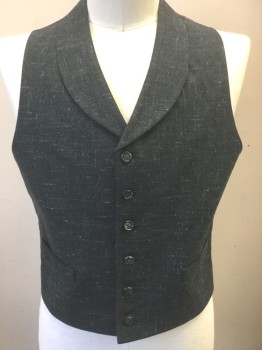 Mens, Historical Fiction Vest, N/L MTO, Gray, Lt Gray, Wool, Heathered, 42, Gray with Light Gray Streaks, Shawl Lapel, 6 Buttons, 2 Welt Pockets, Gray/Purple Changeable with Gray and Brown Vertical Stripes Lining and Back, Belted Back, Made To Order Victorian Reproduction
