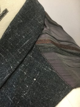 N/L MTO, Gray, Lt Gray, Wool, Heathered, Gray with Light Gray Streaks, Shawl Lapel, 6 Buttons, 2 Welt Pockets, Gray/Purple Changeable with Gray and Brown Vertical Stripes Lining and Back, Belted Back, Made To Order Victorian Reproduction