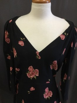 Womens, Dress, Short Sleeve, REFORMATION, Black, Pink, Green, Polyester, Floral, W: 30,  B:36, 8, V Neck Long Sleeve Pleated Shoulders