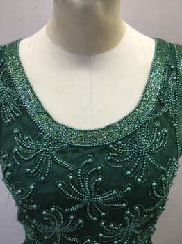 Womens, Cocktail Dress, N/L, Dk Green, Synthetic, Beaded, Floral, S, Sleeveless Shift, Lace With Beading, Scoop Neck, Hem Above Knee, Flapper Inspired