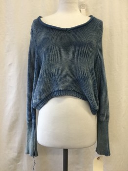 Womens, Pullover, PATTERSON J KINCAID, Navy Blue, Cotton, Faded, XS, Rolled Knit V-neck, Long Sleeves,