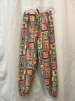 Womens, Pants, NO LABEL, Blue, Yellow, Black, Neon Pink, White, Cotton, Abstract , 24-28, Elastic Waist & Cuffs