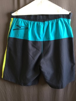 Mens, Swim Trunks, SPEEDO, Black, Turquoise Blue, Neon Yellow, Polyester, Color Blocking, L, 2" Waistband, Velcro & Lacing Up, 1/2" Neon Yellow Side Stripes, 2 Side Pockets,