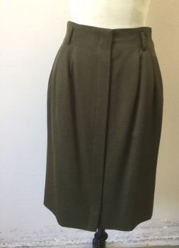 ELLEN TRACY, Olive Green, Wool, Solid, Single Pleat,  Belt Loops, Covered Button Placket at Center Front, Knee Length, Straight Cut,