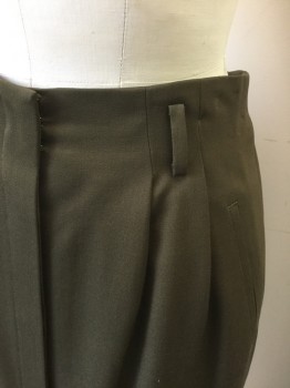 Womens, Skirt, ELLEN TRACY, Olive Green, Wool, Solid, W:28, Sz 8, Single Pleat,  Belt Loops, Covered Button Placket at Center Front, Knee Length, Straight Cut,