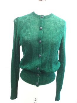 Womens, Sweater, FASHION FIT, Emerald Green, Wool, Solid, B34, Cardigan, Crew Neck, Button Front, Rib Knit Cuffs and Waistband, Semi Sheer with Check Pattern