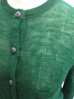 Womens, Sweater, FASHION FIT, Emerald Green, Wool, Solid, B34, Cardigan, Crew Neck, Button Front, Rib Knit Cuffs and Waistband, Semi Sheer with Check Pattern