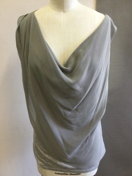 Womens, Top, VELVET, Lt Gray, Heather Gray, Rayon, Polyester, Solid, M, Polly Chiffon Front W/draped Neck, Heathered Grey Jersey Back, Sleeveless