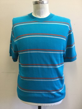 THE INN SHOPPE, Turquoise Blue, Red, White, Acrylic, Stripes, Short Sleeves, Ribbed Knit Crew Neck/Cuff/Waistband