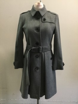 BURBERRY, Heather Gray, Wool, Cashmere, Solid, Button Front, Collar Attached, Left Shoulder Flap, Epaulets, Waist Pleats, 2 Pockets, Button Tab Cuffs, Belt Loops, Back Yoke Flap, Self Belt with Black Leather Buckle