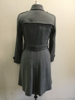 BURBERRY, Heather Gray, Wool, Cashmere, Solid, Button Front, Collar Attached, Left Shoulder Flap, Epaulets, Waist Pleats, 2 Pockets, Button Tab Cuffs, Belt Loops, Back Yoke Flap, Self Belt with Black Leather Buckle
