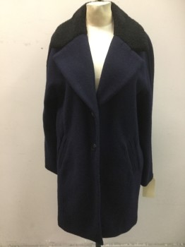 ZARA, Navy Blue, Black, Wool, Polyester, Solid, Boiled Wool with Fleece Collar, Single Breasted, 2 Buttons, Wide Notched Lapel, 2 Pockets,