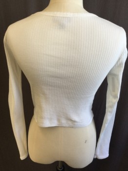 TOP SHOP, White, Cotton, Solid, Ribbed, Round Neck,  Long Sleeves,