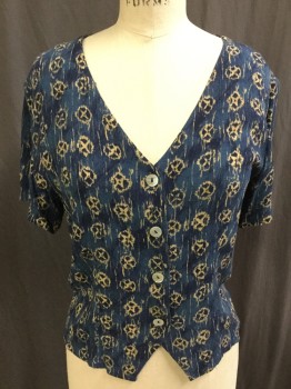 Womens, Blouse, NO LABEL, Teal Blue, Navy Blue, Tan Brown, Rayon, Novelty Pattern, M, V-neck, Button Front, Short Sleeves, Uneven Hem