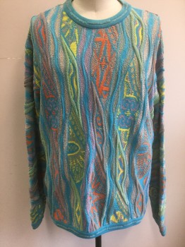 COOGI, Multi-color, Turquoise Blue, Orange, Yellow, Gray, Cotton, Wool, Abstract , Textured Knit, Pullover, Crew Neck, Long Sleeves, "Cosby" Style,