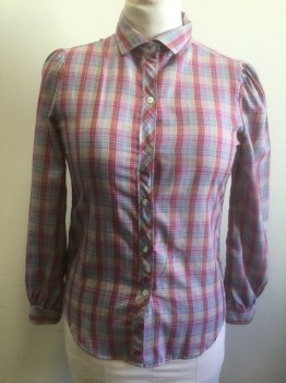 N/L, Multi-color, Purple, Raspberry Pink, Lt Blue, Yellow, Cotton, Plaid, Long Sleeve Button Front, Puffy Gathered Sleeves,