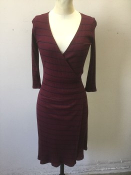AMOUR VERT, Red Burgundy, Navy Blue, Modal, Spandex, Stripes - Horizontal , Burgundy with Navy Horizontal Thin Stripes, Vertically Ribbed Knit, Long Sleeves, Wrap Dress with Plunging V Wrapped Neckline, Self Ties, Knee Length