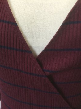 AMOUR VERT, Red Burgundy, Navy Blue, Modal, Spandex, Stripes - Horizontal , Burgundy with Navy Horizontal Thin Stripes, Vertically Ribbed Knit, Long Sleeves, Wrap Dress with Plunging V Wrapped Neckline, Self Ties, Knee Length