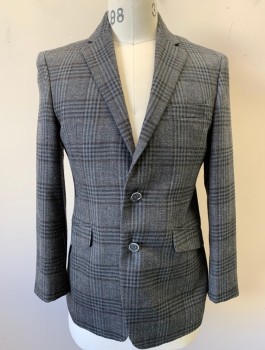 Mens, Sportcoat/Blazer, JOSEPH ABBOUD, Gray, Dk Gray, Black, Wool, Silk, Plaid, 38S, Single Breasted, Notched Lapel, 2 Buttons, 3 Pockets, Slim Fit, Black/Gray Paisley Lining