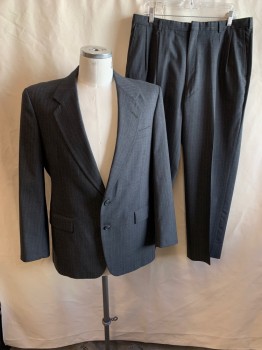 HART SCHAFFNER MARX, Gray, Lt Gray, Wool, Stripes - Pin, Single Breasted, 2 Buttons, Notched Lapel, 3 Pockets, 5 Button Cuffs, 1 Back Vent