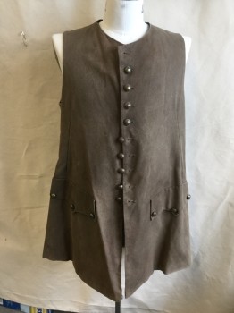 FOX 41 (MTO), Dk Khaki Brn, Cotton, Polyester, Solid, (DOUBLE)  Long Vest, Slightly Aged, Solid Black Lining, Round Neck,  9 Brass Button Front (1st Button Missing), 2 Batwing Flap with 3 Brass Matching Buttons, Split Sides and Center Back Hem