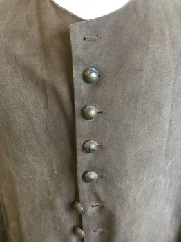 Mens, Historical Fiction Vest, FOX 41 (MTO), Dk Khaki Brn, Cotton, Polyester, Solid, 46, (DOUBLE)  Long Vest, Slightly Aged, Solid Black Lining, Round Neck,  9 Brass Button Front (1st Button Missing), 2 Batwing Flap with 3 Brass Matching Buttons, Split Sides and Center Back Hem