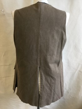 Mens, Historical Fiction Vest, FOX 41 (MTO), Dk Khaki Brn, Cotton, Polyester, Solid, 46, (DOUBLE)  Long Vest, Slightly Aged, Solid Black Lining, Round Neck,  9 Brass Button Front (1st Button Missing), 2 Batwing Flap with 3 Brass Matching Buttons, Split Sides and Center Back Hem