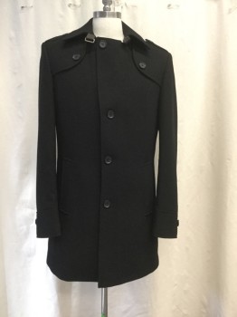 Mens, Coat, Overcoat, LA VARD, Black, Wool, Nylon, Solid, 40, 4 Button Front, 2 Pockets, Back Vent, Collar Attached, Epaulets, Curved Detached Front Yoke.