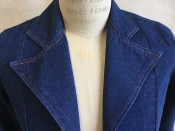 WRANGLER, Blue, Cotton, Solid, Blue Denim with Orange Top Stitches, Notched Lapel, Single Breasted, 2 Large Brass Button Front, 2 Pockets, Long Sleeves,