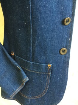 WRANGLER, Blue, Cotton, Solid, Blue Denim with Orange Top Stitches, Notched Lapel, Single Breasted, 2 Large Brass Button Front, 2 Pockets, Long Sleeves,