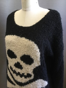 Womens, Pullover, MILLAU, Black, Lt Beige, Acrylic, Novelty Pattern, Solid, M, Black with Large Beige Skull and Crossbones at Center Front, Knit, Long Sleeves, Scoop Neck, Tunic Length, Pilled/Well Worn Throughout