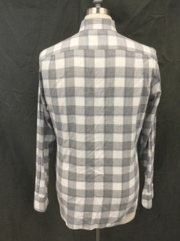 BONOBOS, Gray, White, Blue, Cotton, Plaid, Flannel, Button Front, Collar Attached, Long Sleeves, Button Cuff, 1 Pocket, Button Down Collar