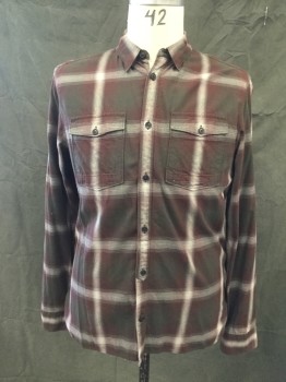 ALL SAINTS, Red Burgundy, Brown, Gray, Lt Gray, Cotton, Plaid, Flannel, Button Front, Collar Attached, Long Sleeves, Button Cuffs, 2 Flap Pockets