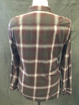 ALL SAINTS, Red Burgundy, Brown, Gray, Lt Gray, Cotton, Plaid, Flannel, Button Front, Collar Attached, Long Sleeves, Button Cuffs, 2 Flap Pockets