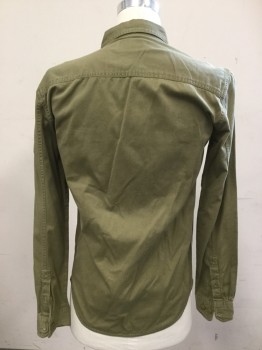 ALL-SON, Olive Green, Cotton, Solid, Button Front, Collar Attached, Long Sleeves, 2 Pockets