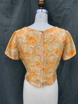 N/L , Orange, Brown, White, Silk, Floral, Short Sleeves, Button Center Back, Front Princess Seam Slits,