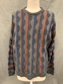 NORTHERN ISLES, Dk Olive Grn, Black, Brick Red, Gray, Acrylic, Abstract , Stripes, Pullover, Ribbed Knit Crew Neck/Waistband/Cuff